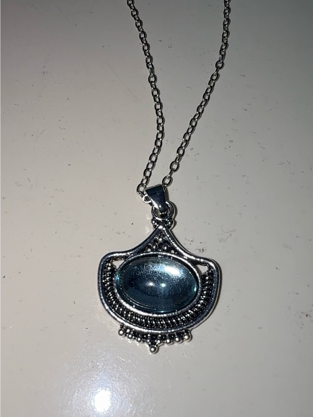Boho Silver Alloy Steel Blue Stone Pendant Necklace Cabochon